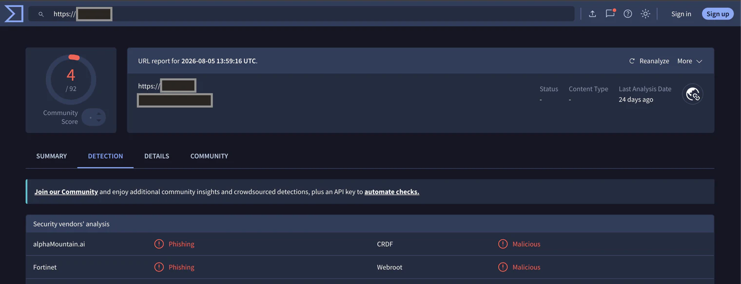 VirusTotal jelentés: 4 szolgáltató a 92-ből adathalásznak vagy kártékonynak jelöli a domaint